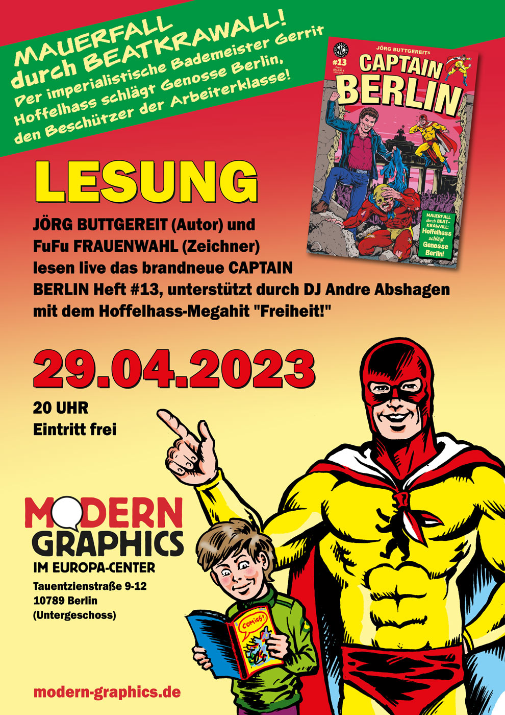 Captain Berlin #13: Lesung mit Jörg Buttgereit und FuFu Frauenwahl. 29.04.23, 20:00 Uhr, Modern Graphics im Europa-Center, Tauentzienstraße 9-12, 10789 Berlin
