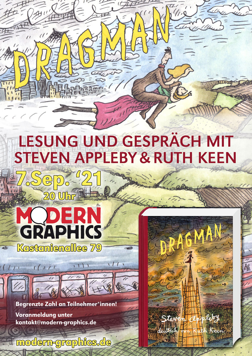 Dragman: Lesung und Gespräch mit Steven Appleby und Ruth Keen, 07.09.21, 20.00, Modern Graphics, Kastanienallee 79, 10435 Berlin.