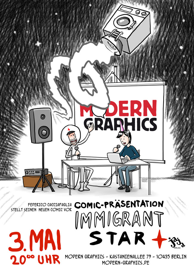 Comic-Prä:sentation "Immigrant Star". FederIco Cacciapaglia stellt seinen neuen Comic vor. 03.05.17/20 Uhr. Modern Graphics, Kastanienallee 79, 10435 Berlin