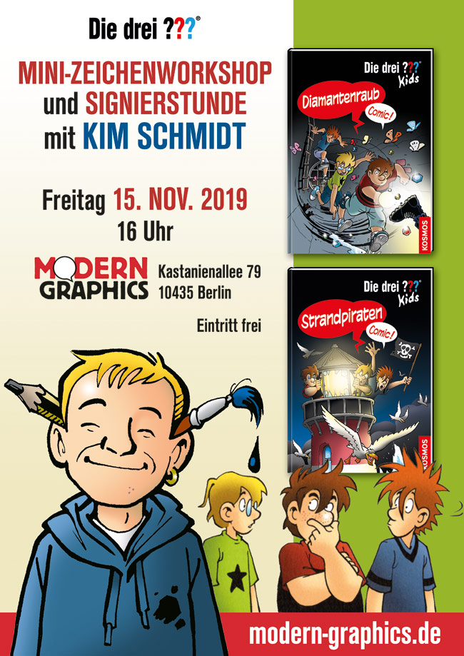 Die drei ??? – Mini-Zeichenworkshop und Signierstunde mit Kim Schmidt. Freitag, 15.11.19, 16.00 Uhr, Modern Graphics, Kastanienallee 79, 10435 Berlin