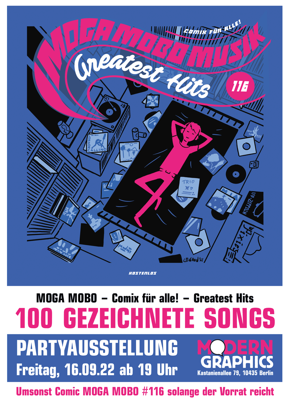 »Moga Mobo Greatest Hits«: Partyausstellung , 16.09.22, 19:00 Uhr, Modern Graphics, Kastanienallee 79, 10435 Berlin