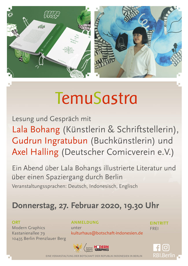 Lesung und Gespräch mit Lala Bohang, 27.02.20, 19.30 Uhr, Modern Graphics, Kastanienallee 86, 10435 Berlin.